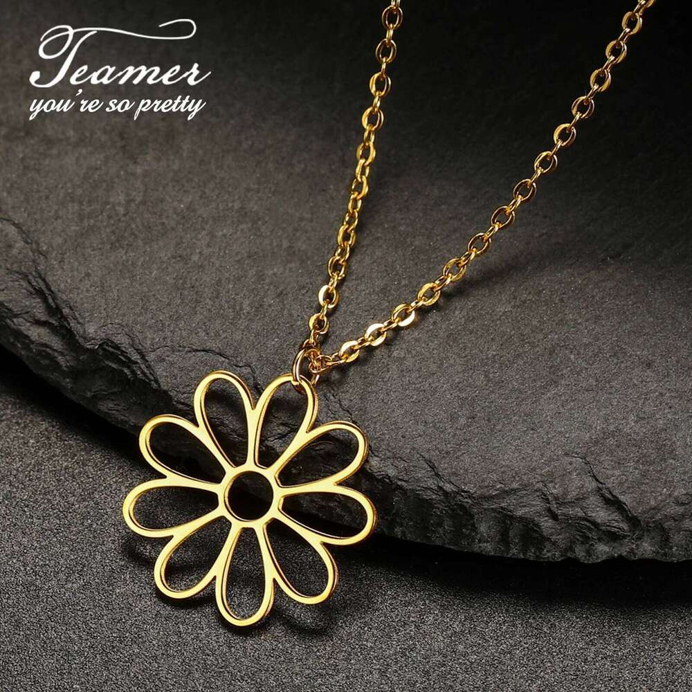 Teamer Cute Daisy Necklace Stainless Steel Minimalist Geometric Flower Charms Neck Chain Women Jewelry Mother's Day Gifts H260312