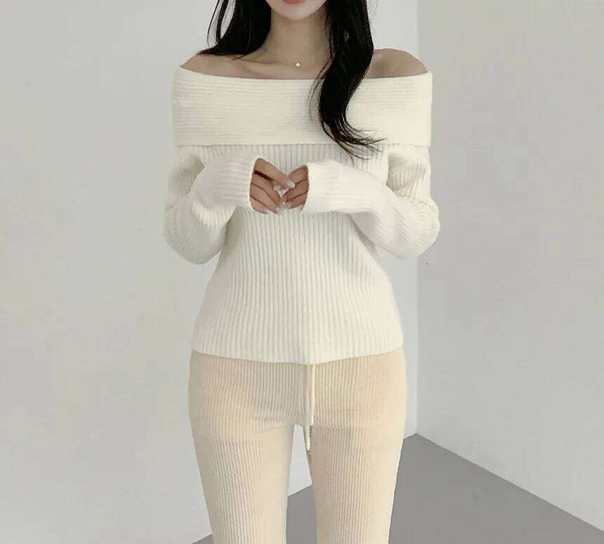 Off Sweaters for Women Long Sleeve Knitted Tops with Open Shoulder Fitted Pullover Elegant Basic Color Z260313