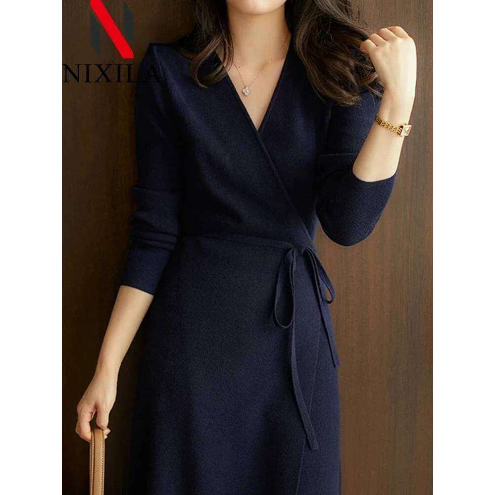 Autumn Winter Knit Womens Sweater Dresses V-neck Wrap Streetwear Korean Fashion Loose Long Sleeves Tops Elegant Female Clothing Z260313