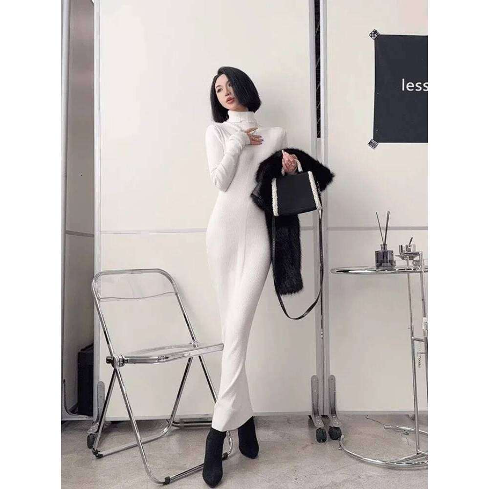 Dress Women Long Sleeve Casual Knitted Basic Maxi Vestidos Bodycon Sexy Turtleneck All-match Temper Seductive Korean Style Ins Z260313
