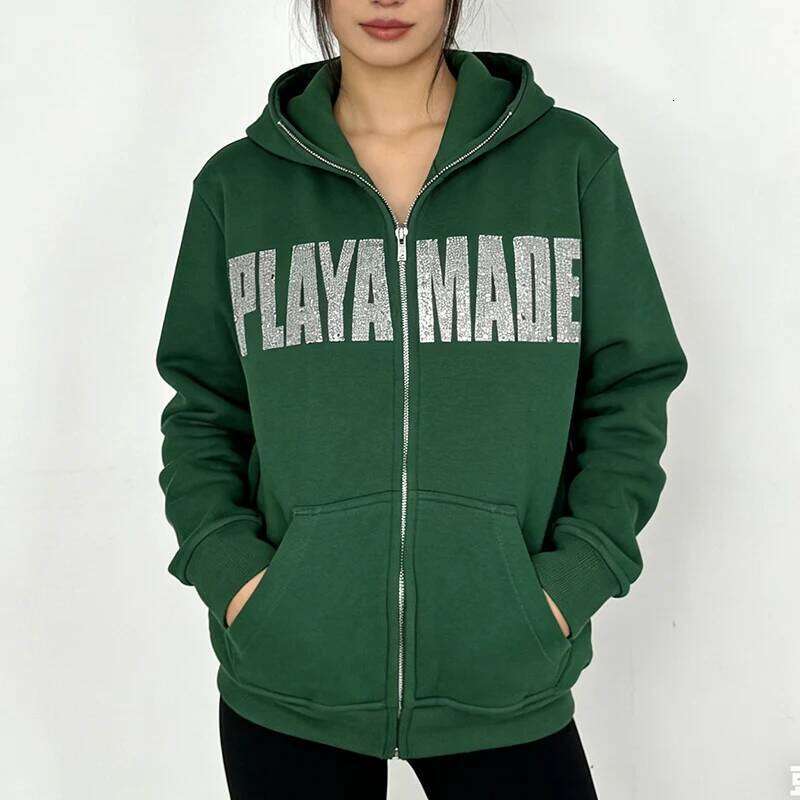 High Street Letter Rhinestone Creative Long Sleeve Casual Hoodie Aesthetic Dopamine 2000s Autumn Winter Women Zipper Sweatshirt Z260315