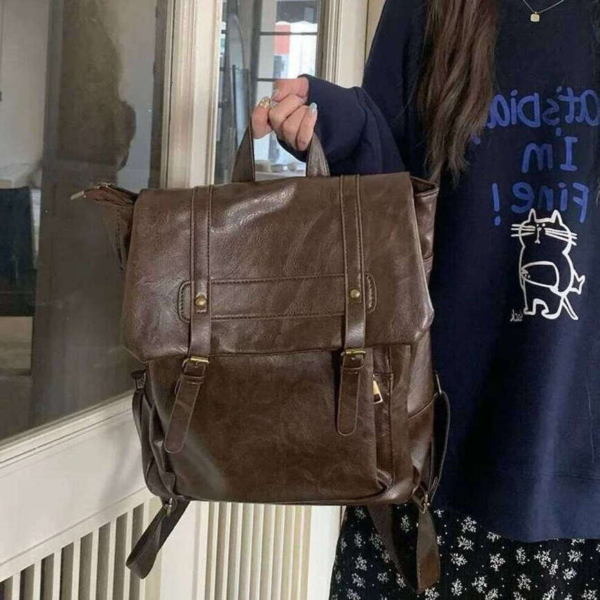 TAURUSCIAGA Large Capacity Vintage Women Backpack PU Leather Preppy Student School Mochila Rucksack Shoulder Bag Female Daily Versatile Bag