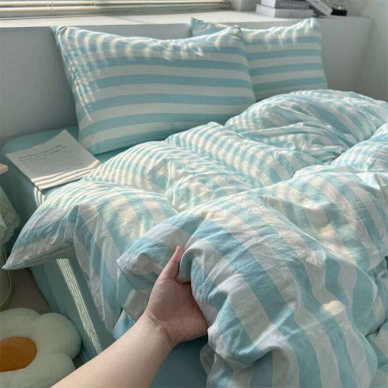 Washed Cotton Striped Style Duvet Bedding Set with Quilt Cover Pillowcase Bed Sheet 200x230 220x240 Skin Friendly Soft H260312 - view 5