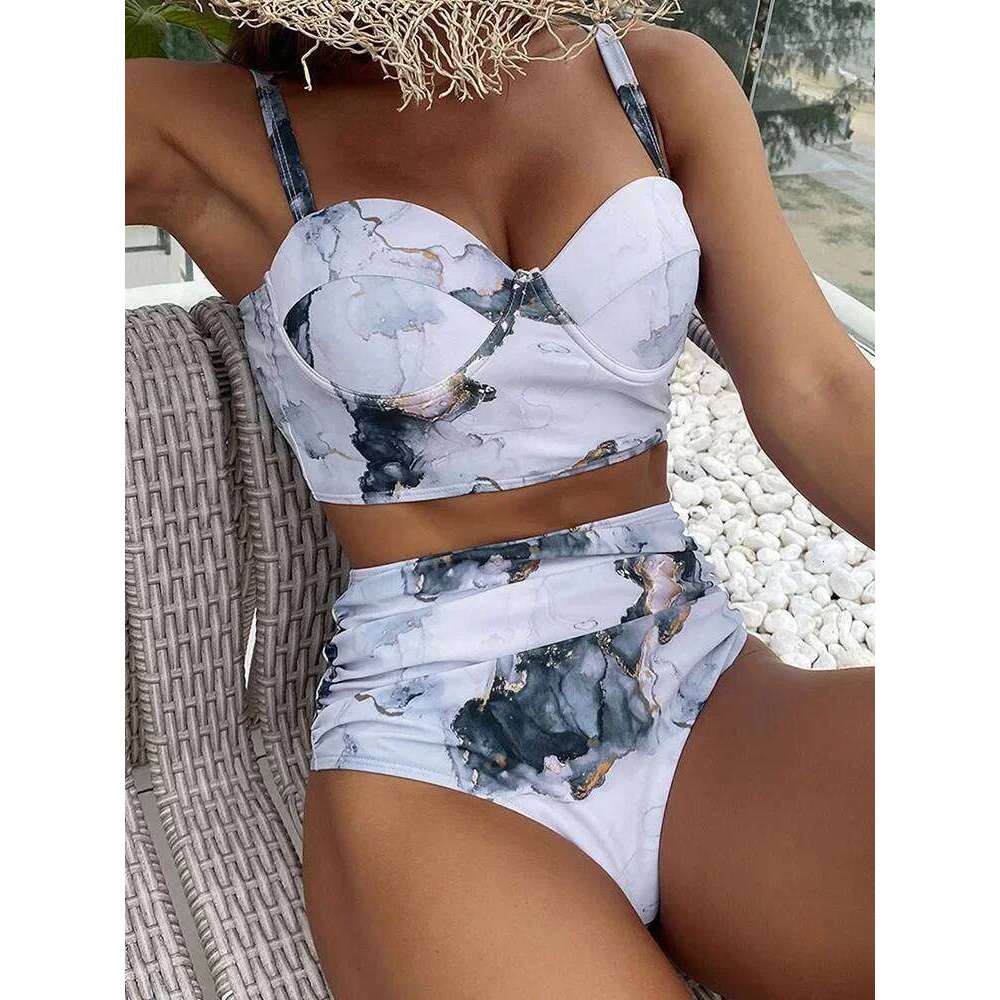 2024 Summer New Bikini Push Up Swimsuit Women Halter High Waist Swimwear Female Printed Bathing Suit Bathers Y260303