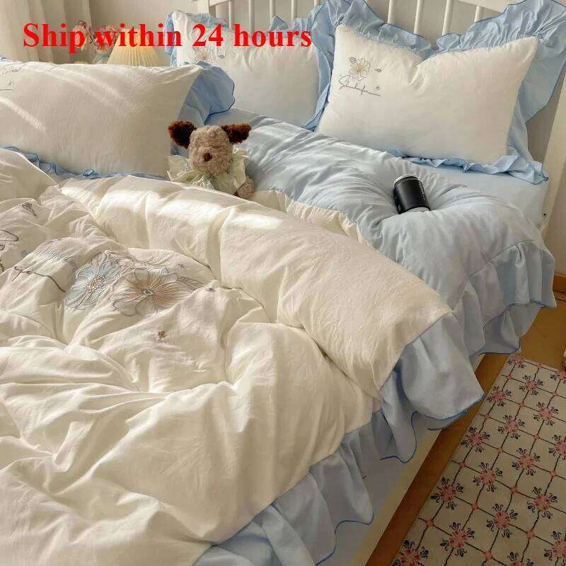 2025 lace embroidery small fresh and cute girl heart four-piece set washed cotton summer sheet quilt cover bed hat H260312 - view 6