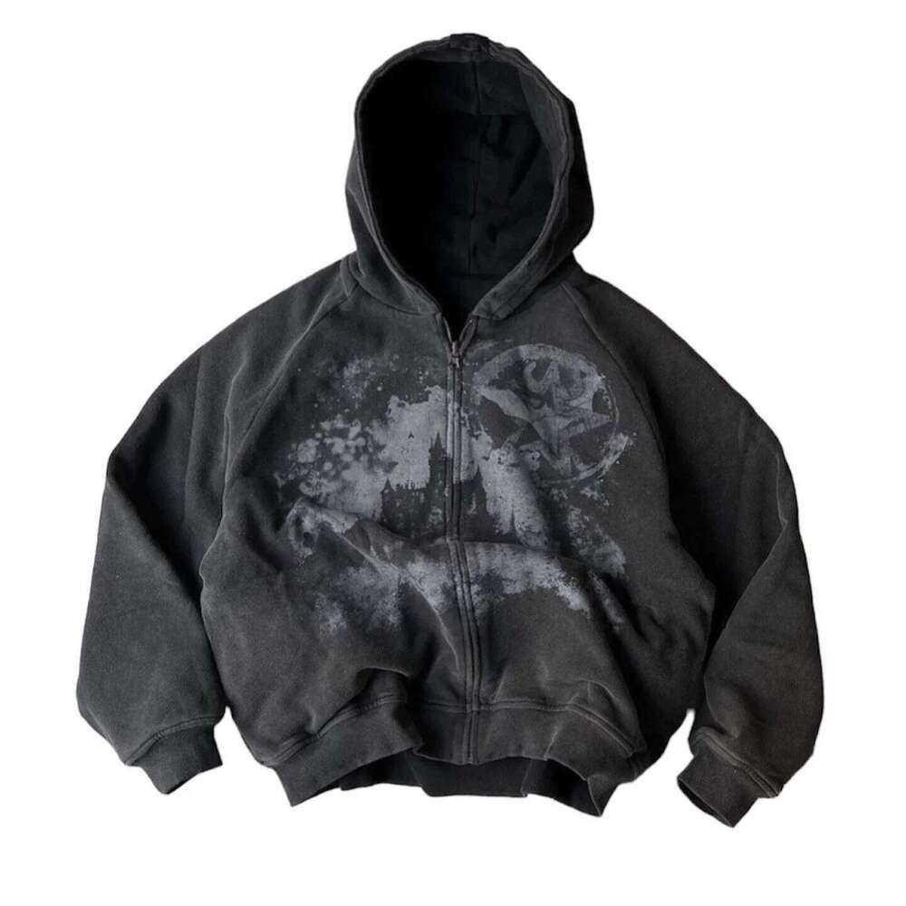 Y2k Gothic Punk Style Printed Star Spot Embroidered Zipper Hoodie Men and Women Fashion Harajuku Retro Oversized Bat Sleeve Top 26Y0313