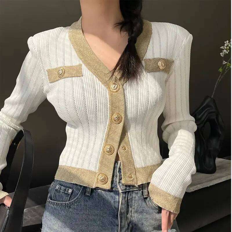 2024 Autumn Winter New Trend Buttons V-neck Long Sleeve Knitting Sweater Women Clothing Fashion Patchwork Cardigan Coat Top Tee Z260313