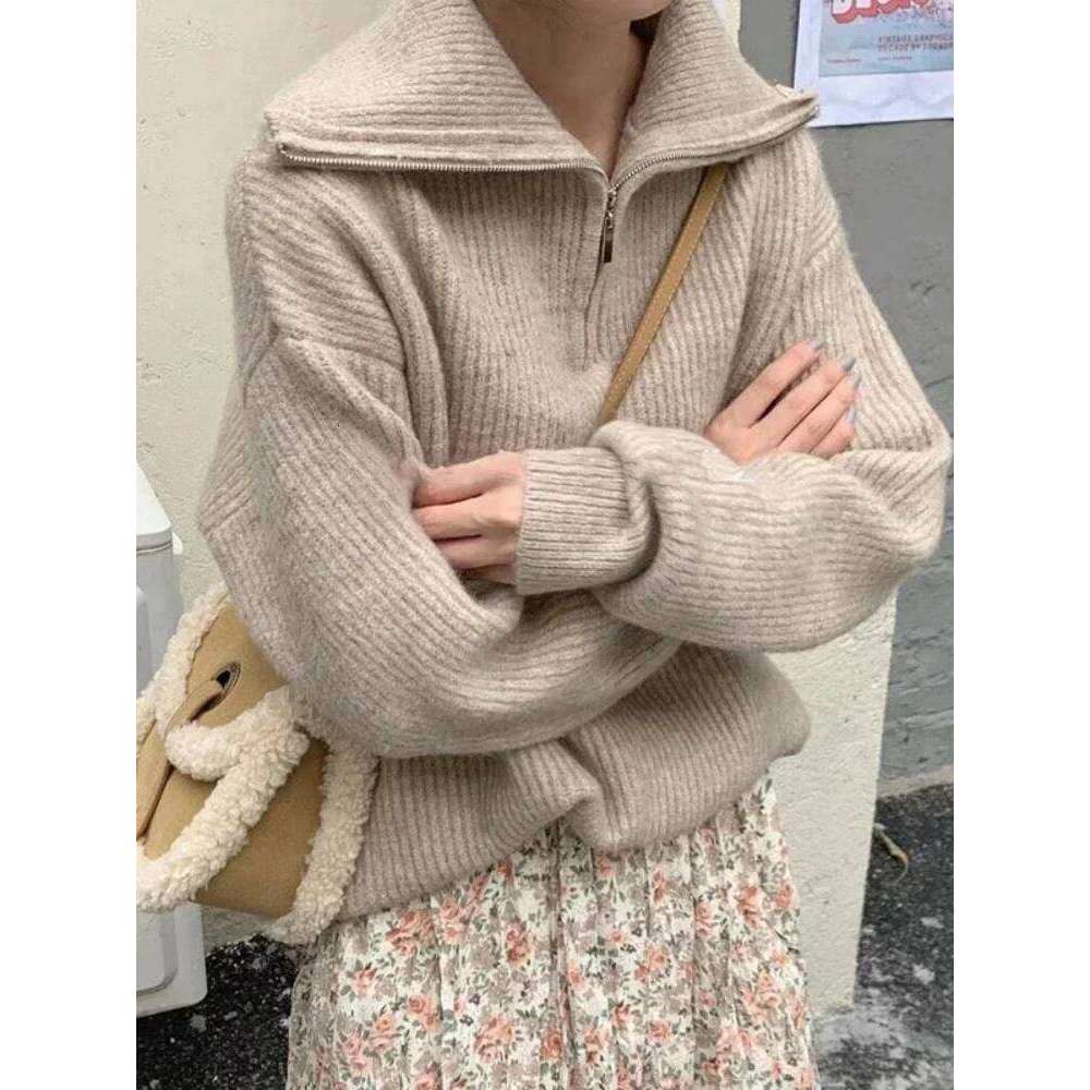Elegant Turtleneck Zipper Women Fashion Loose Long Sleeve Knitted Pullover Casual Solid Winter 2025 New Sweater Z260314