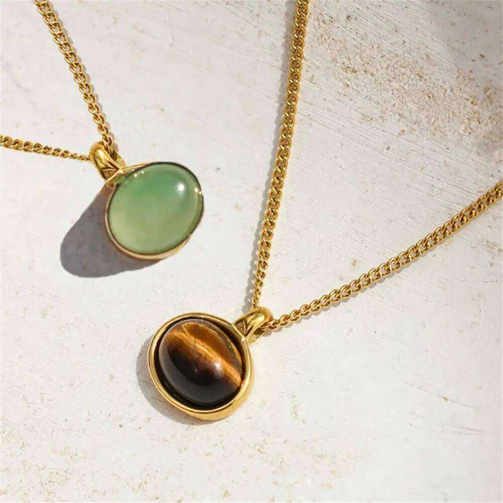 18k natural stone tiger eye plated, mint green, oval anti allergy, stainless steel necklace, women's jewelry gift H260312