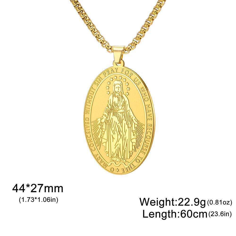 Dawapara Religious Virgin Mary Double Sided Carved Necklace Catholic Mother of God Pendant Stainless Steel Jewelry H260312