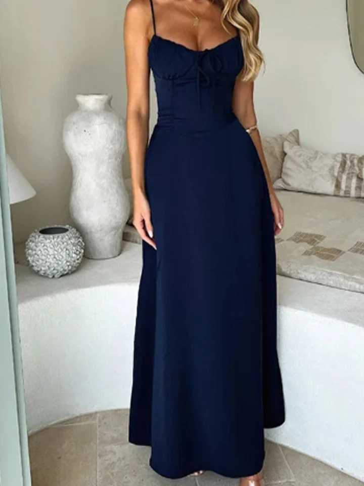 V-neck Sleeveless Camisole Solid Color Lace Up Womens Dress Fashionable Street Vacation Elegant Style Summer DressesT260314