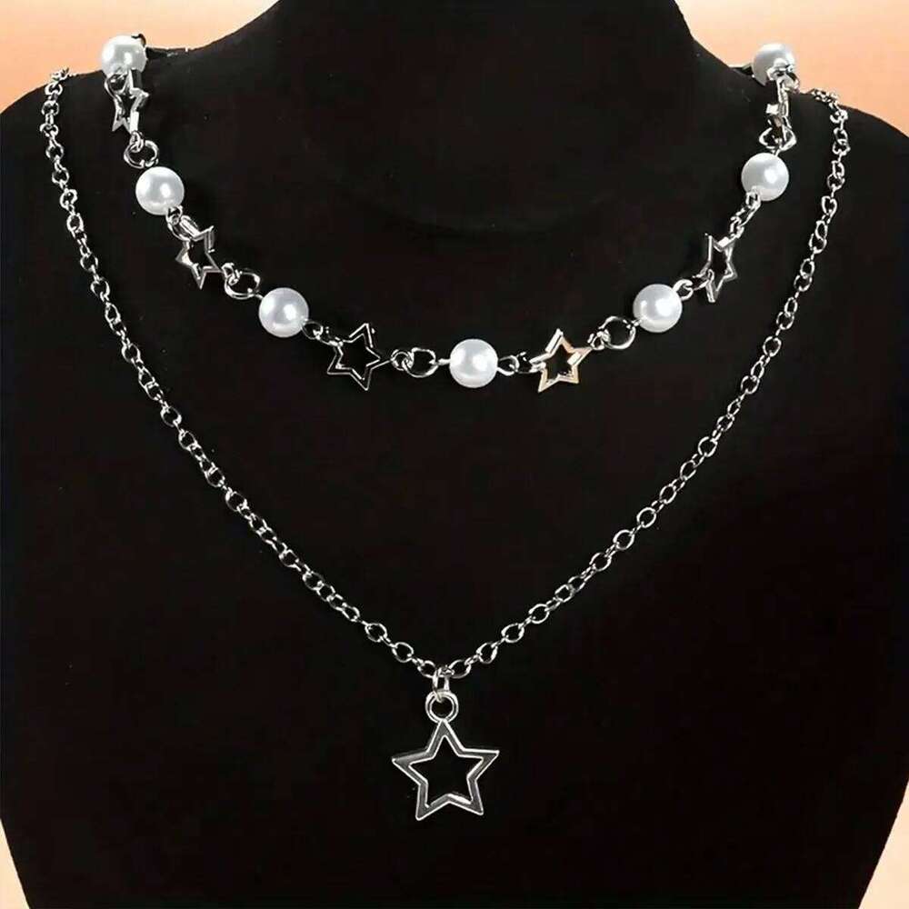 2PC Elegant Y2K Pentagram & Pearl Layered Necklace - Chic Party Accessory and Perfect Birthday Gift for Fashion-Forward H260312