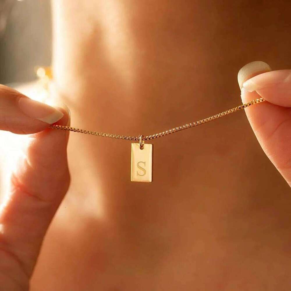 18K Gold Plated Initial Letter Square Pendant for Women Trendy Stainless Steel Box Chain Necklace Waterproof Jewelry H260312
