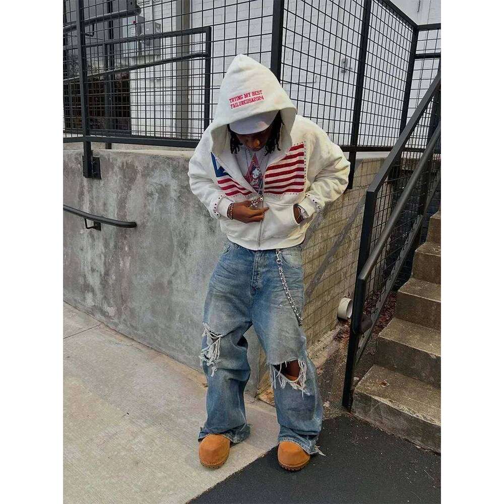 Autumn new national flag minimalist design color collision pattern men hooded Harajuku Y2k loose zipper sweatshirt Z260315