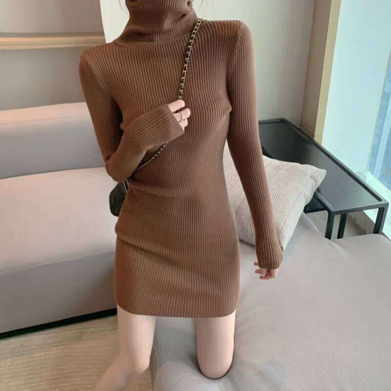 Women Autumn Winter Turtleneck Warm Bodycon Long Sleeve Knit Solid Office Pullover Sexy Mini Dress for Ladies 2025 Z260313