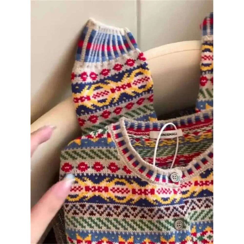 Korean ethnic style colorful floral sweater women's autumn and winter new knitted paired with casual top cardigan Z260313