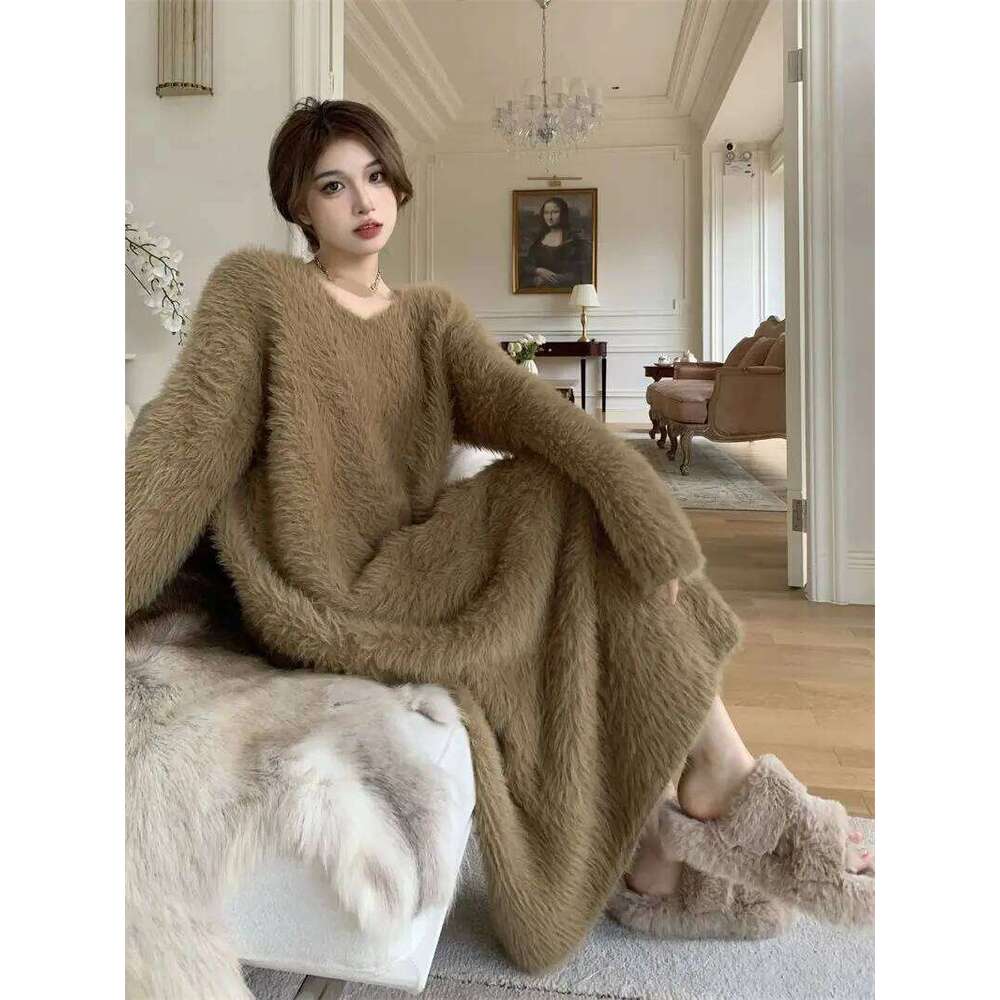 Winter Autumn Women Mink Cashmere Sweater Pullover Knit Angora Dress Long Fluffy Real Soft E1732 Z260314