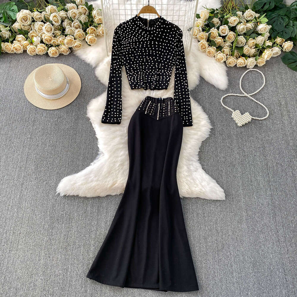 2026 European and American style bead and rhinestone decoration round neck short a20 top, high waist slim fit fish tail long style