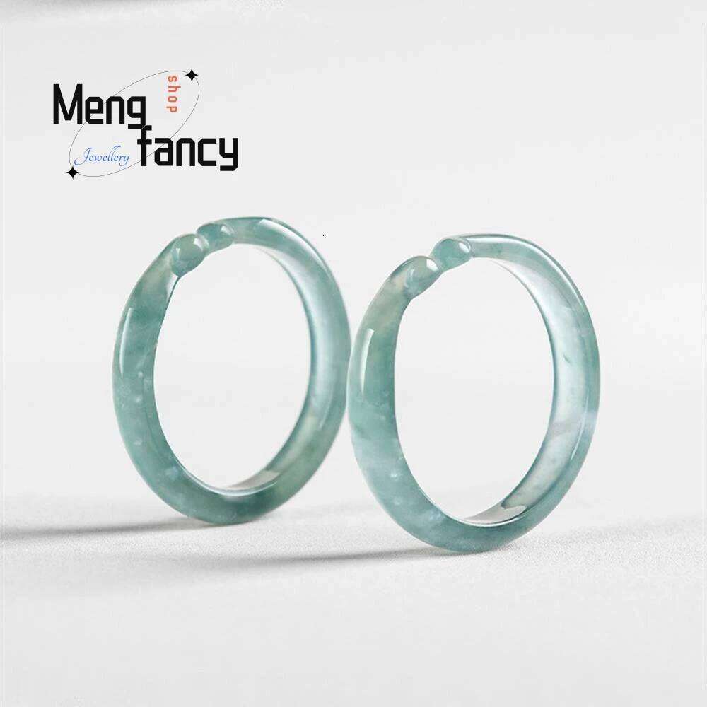 Natural A-goods Jadeite Blue Water Ruyi Tightrope Three-dimensional carving Ice Jade Ring Personalized Exquisite Fashion Jewelry H260312