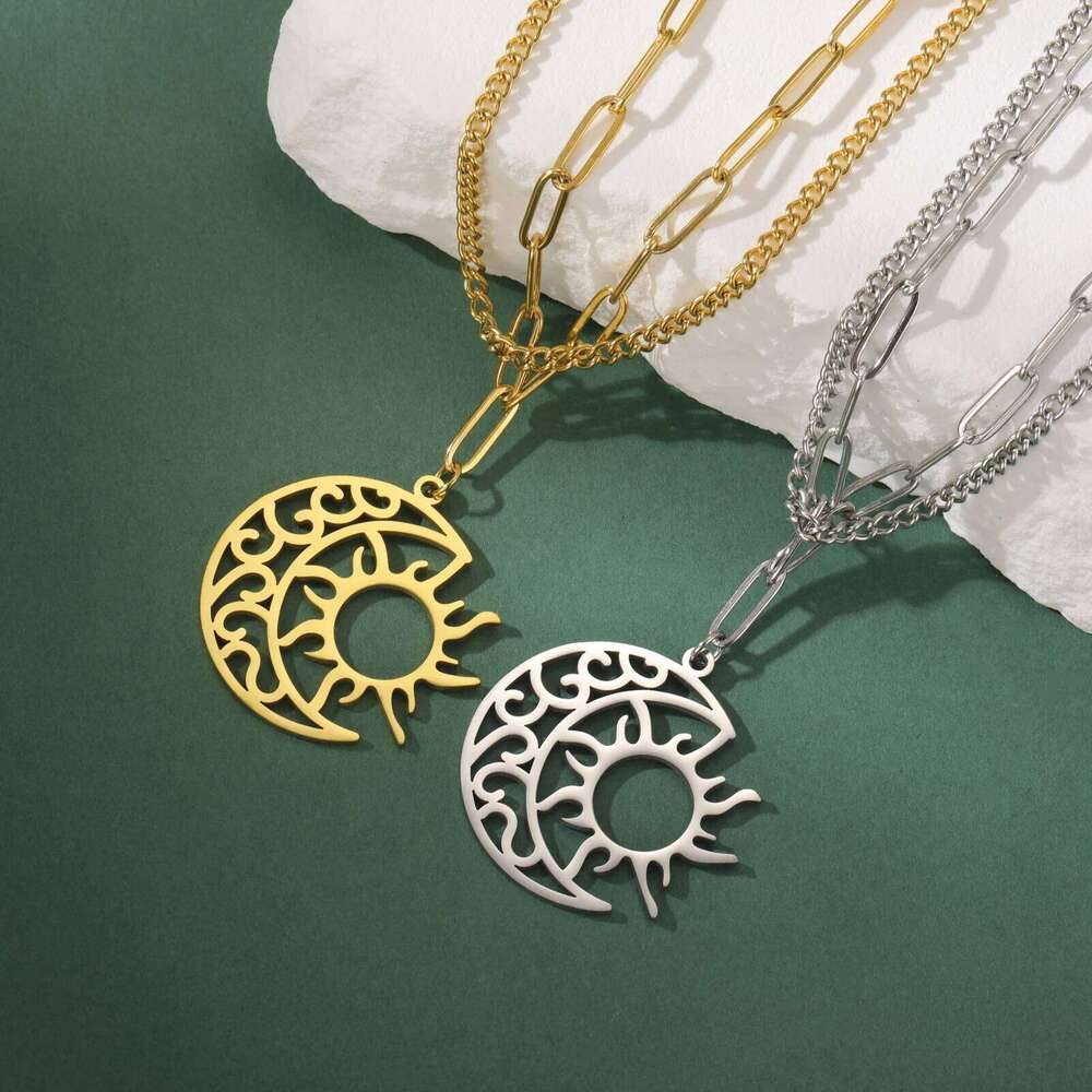 Kkjoy Fashion Stainless Steel Gold Color 35mm*34mm Sun Moon Double Chain Necklace For Women Wedding Party Jewelry Gift Wholesa H260312