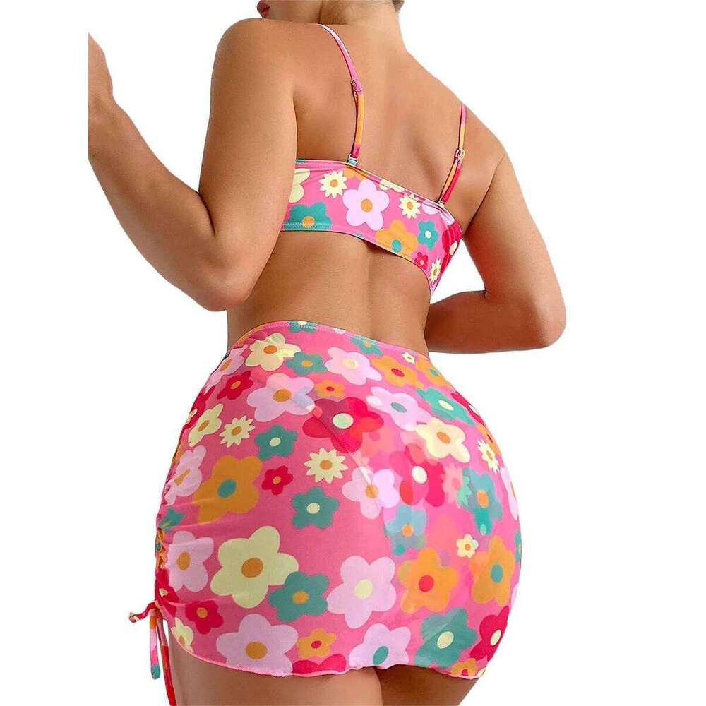 Women 3pcs Swimsuit Set Floral Sleeveless Push Bra and Elastic Briefs Cover Up Skirt Beachwear Bathing Suit Y260303
