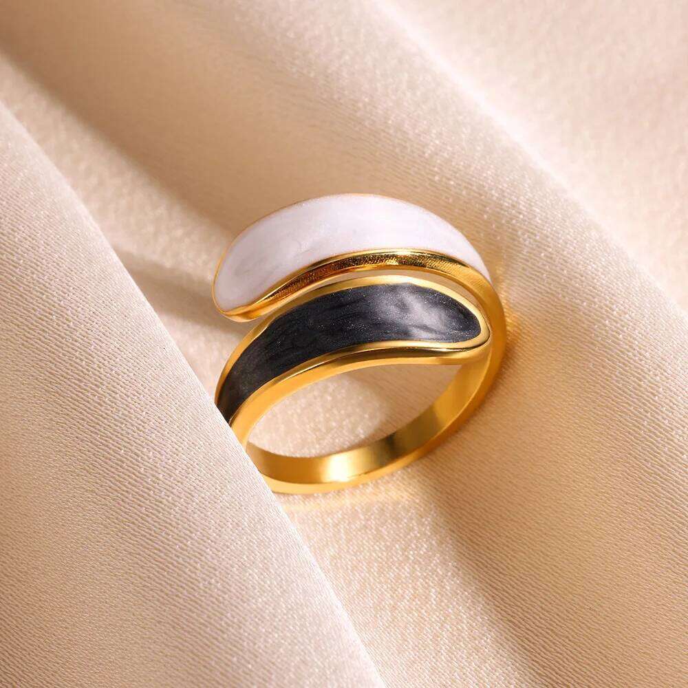 Stainless Steel Black and White with Enamel Simple Double Layer Oil Dripping Adjustable Open Finger Ring for Women No Fade H260312