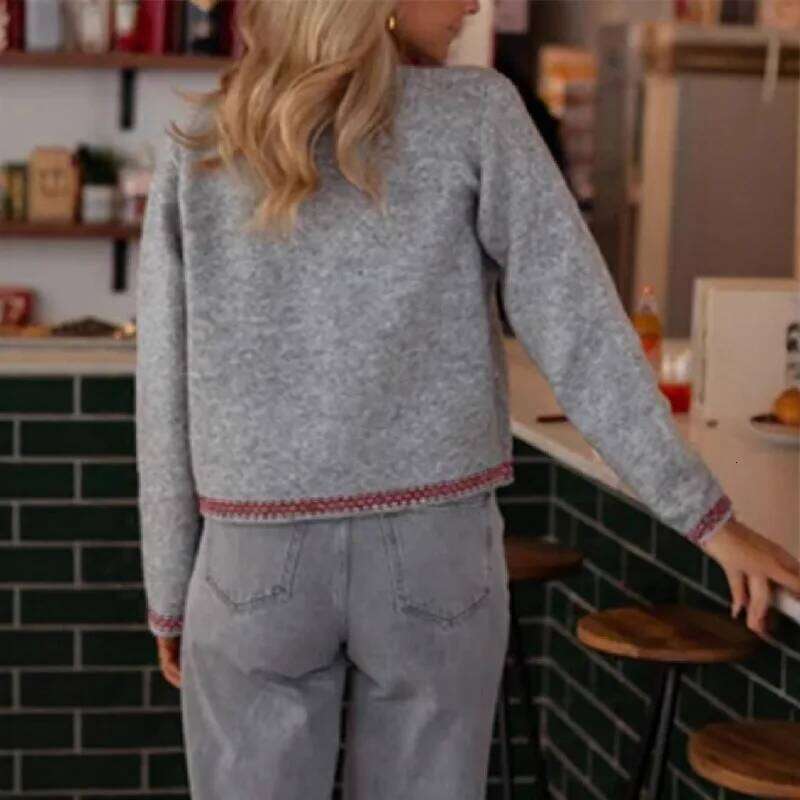 2025 New Elegant Contrasting Color Trim Front-breasted Pocket Knitted Sweater Cardigan for Women Z260314