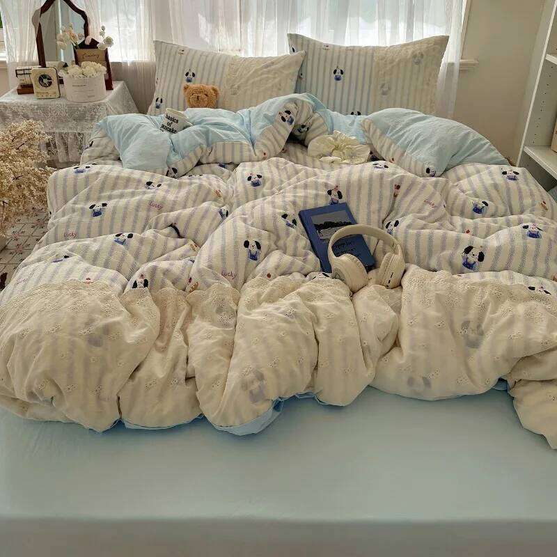 2025 new lace washed cotton four-piece Korean dormitory quilt cover student bed sheet three-piece set H260312 - view 3
