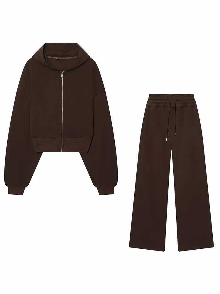 HH Women New Fashion Casual Hooded Long Sleeves Zipper Solid Short JacketDrawstring Loose Wide Leg Long Pants Chic Pants Suit M260313