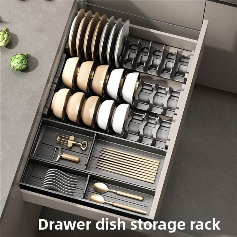 Gunmetal Gray Kitchen Drawer Dish Cabinet Storage Divider for Knives, Forks, Bowls, Chopsticks, Spoons, Tableware Built-in Compartment Bowl Rack