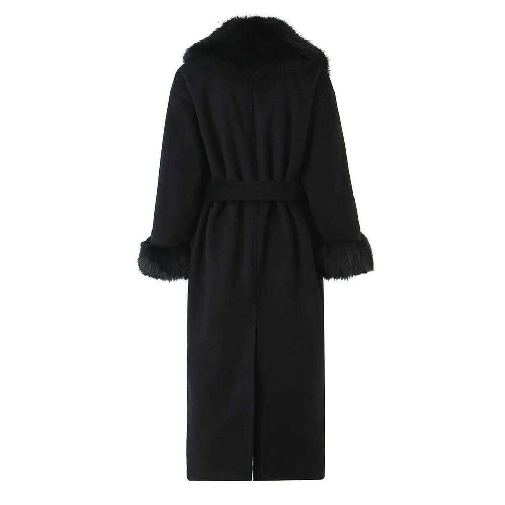 Black Belted Women Winter Overcoat Furry Collar Spliced Back Split Lady Mink Jacket Long Elegant Female Eco Fur Coat Z260313