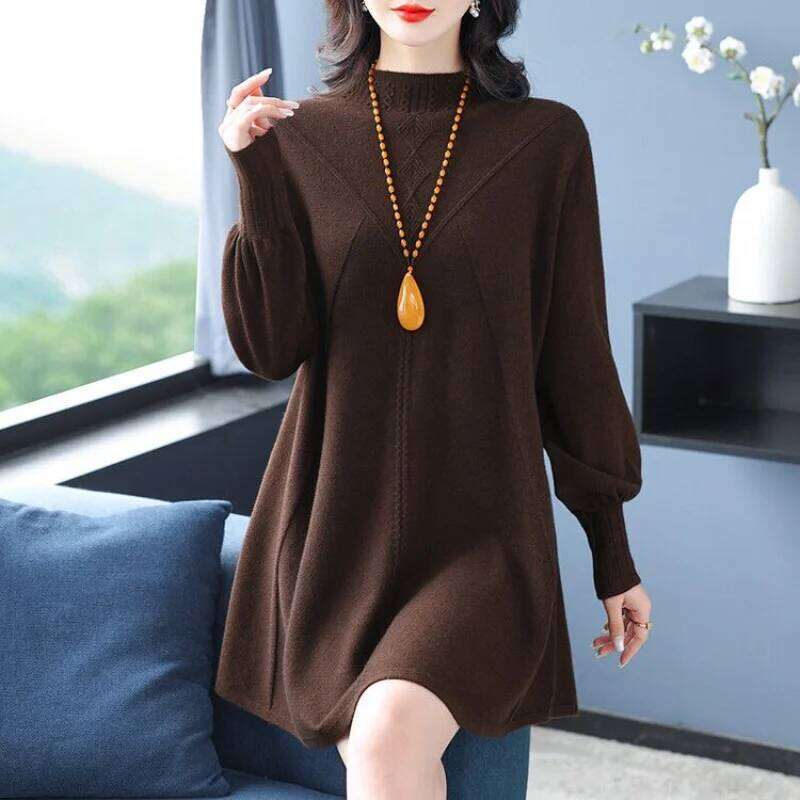 Mid-length Sweater for Women Spliced pullover Round Neck Bottoming Knitted Autumn and Winter New Loose A-line Dresses Z260313