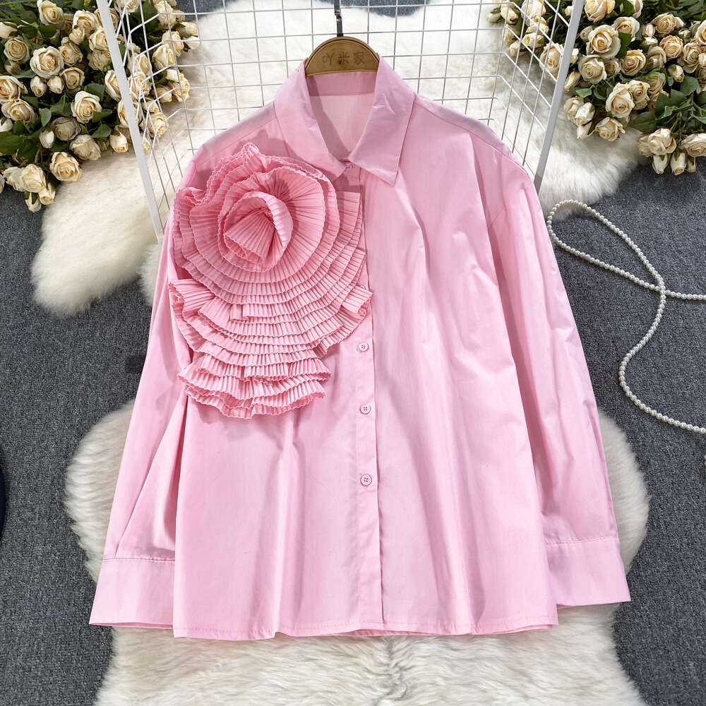 2026 Spring and Autumn Fashion Long Sleeve Sweet Ruffle Edge Splicing Three Dimensional Large Flower Loose Women's Casual Shirt