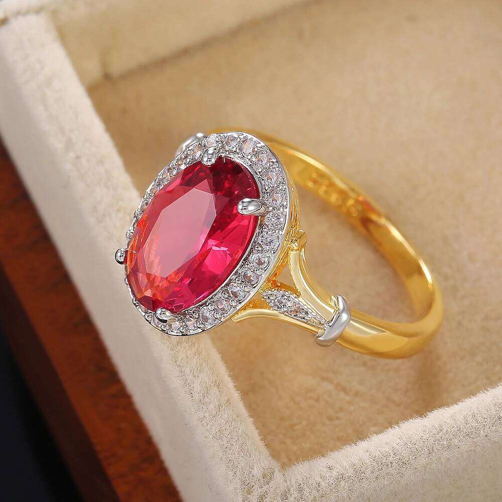 Huitan Big Oval Shaped Rose Red Cubic Zirconia Women Ladies Jewelry for Party Best Mother's Gift Brilliant CZ Rings H260312