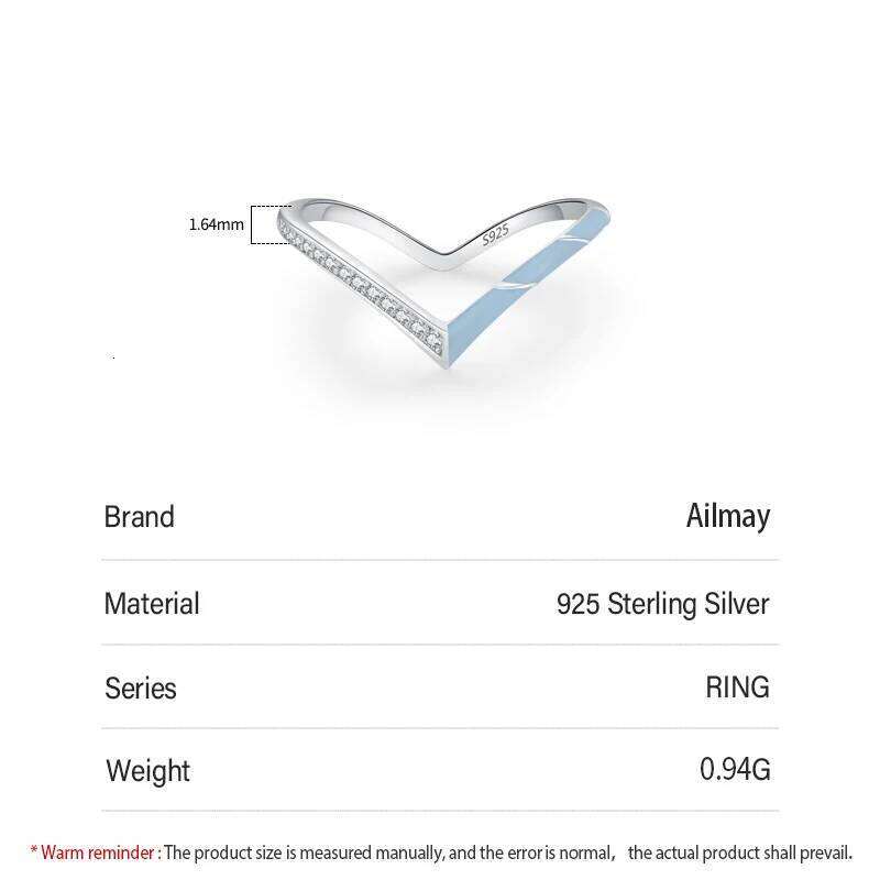 Ailmay 925 Sterling Silver Fashion Romantic Blue Enamel V-Shaped Sparkling CZ Finger Ring For Women Valentine's Day Jewelry Gift H260312