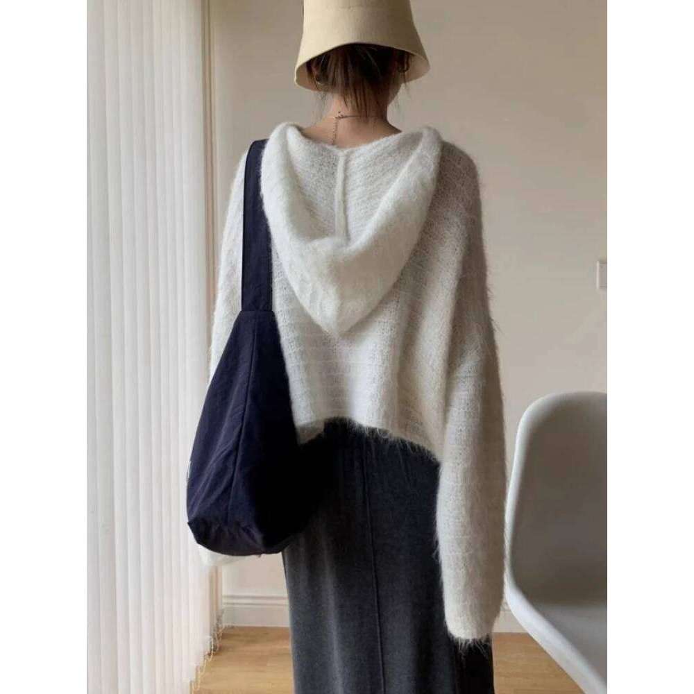 Korean Grey Lazy Style Hooded Knitted Sweater 2025 Autumn Winter Simple Casual Loose Pullovers Pure Color Versatile Tops Z260313
