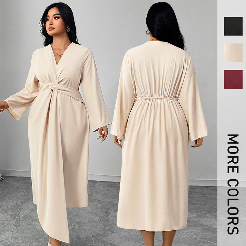 Q0163 New long-sleeved dresstemperament waist slim-fitting irregular tailoring dress