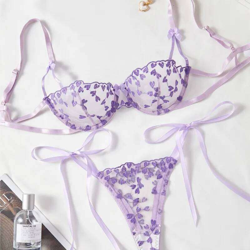 Exotic Fantasy Lingerie Underwire Bra Strap Panties 2Piece Sheer Mesh Embroidery Underwear for Women