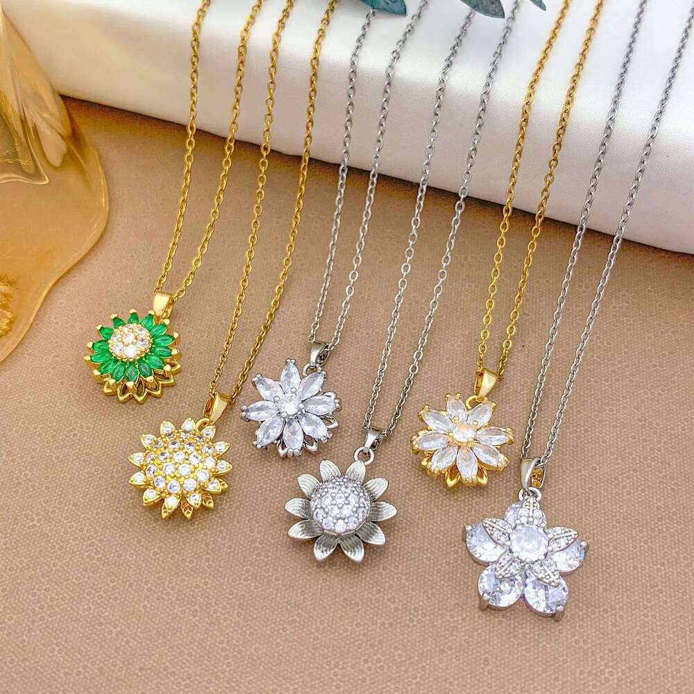 Fashionable Sunflower Flower Necklace Rotatable Cross-Border Design Sense Accessory Versatile Titanium Steel C... H260312