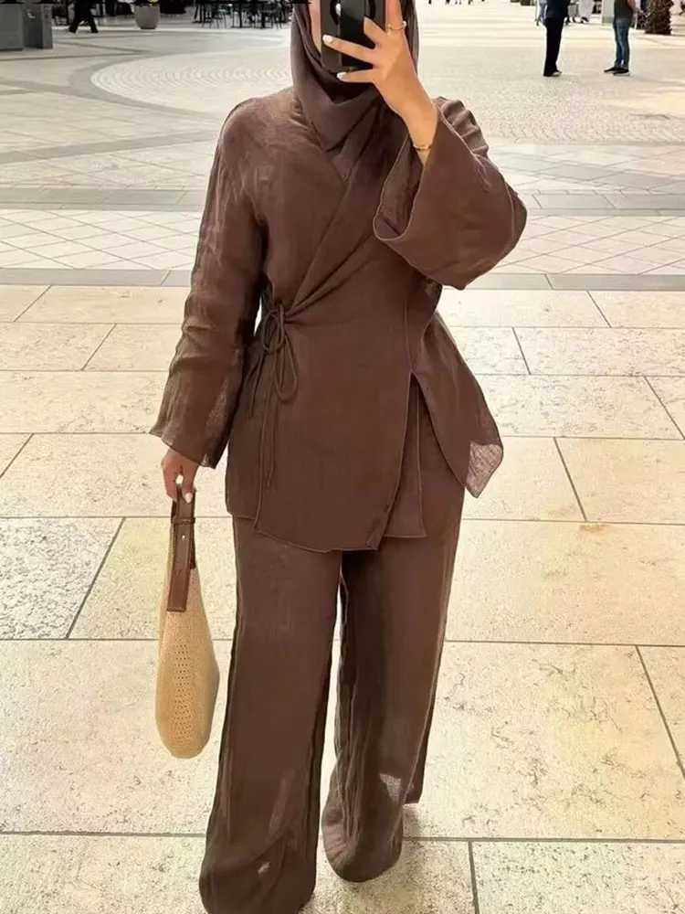 HH Pajama Style Pants Sets Women Fashion Kimono Style Lace Up Shirt Top Elastic Waist Trousers Womens Casual Outfits M260313