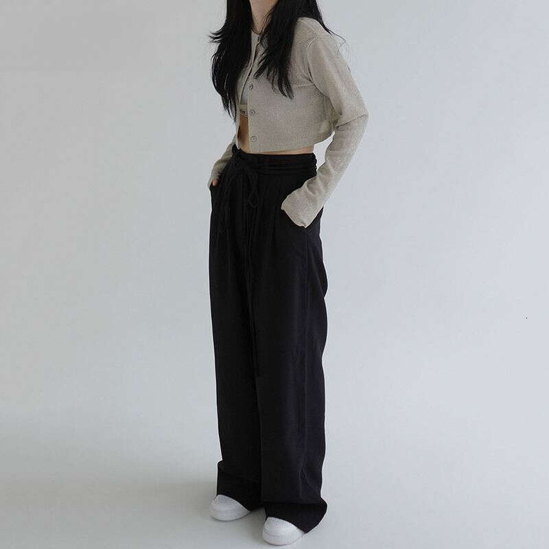 Korean Clothes High Waist Trousers Lace Up Loose Straight Women Pants Casual Black Pantalon Femme Grey Spodnie Damskie 5B058 210429 Z260314