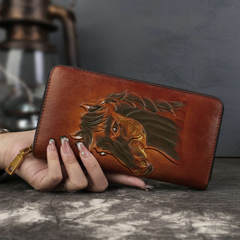 Luxury Cross Border Foreign Trade Genuine Leather First Layer Cowhide Wallet Vintage Color Washed Multi Card Slot Large Capacity Animal Embossed Clutc