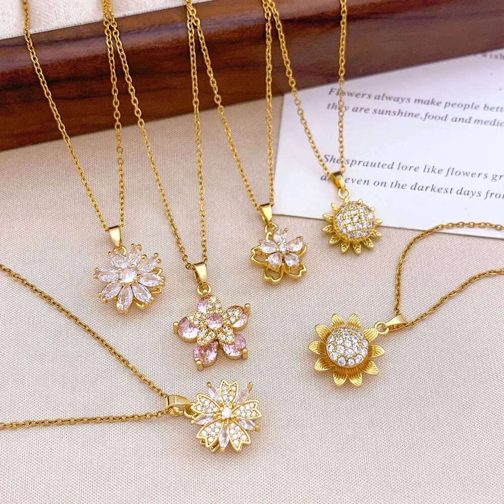 Fashionable Sunflower Flower Necklace Rotatable Cross-Border Design Sense Accessory Versatile Titanium Steel C... H260312