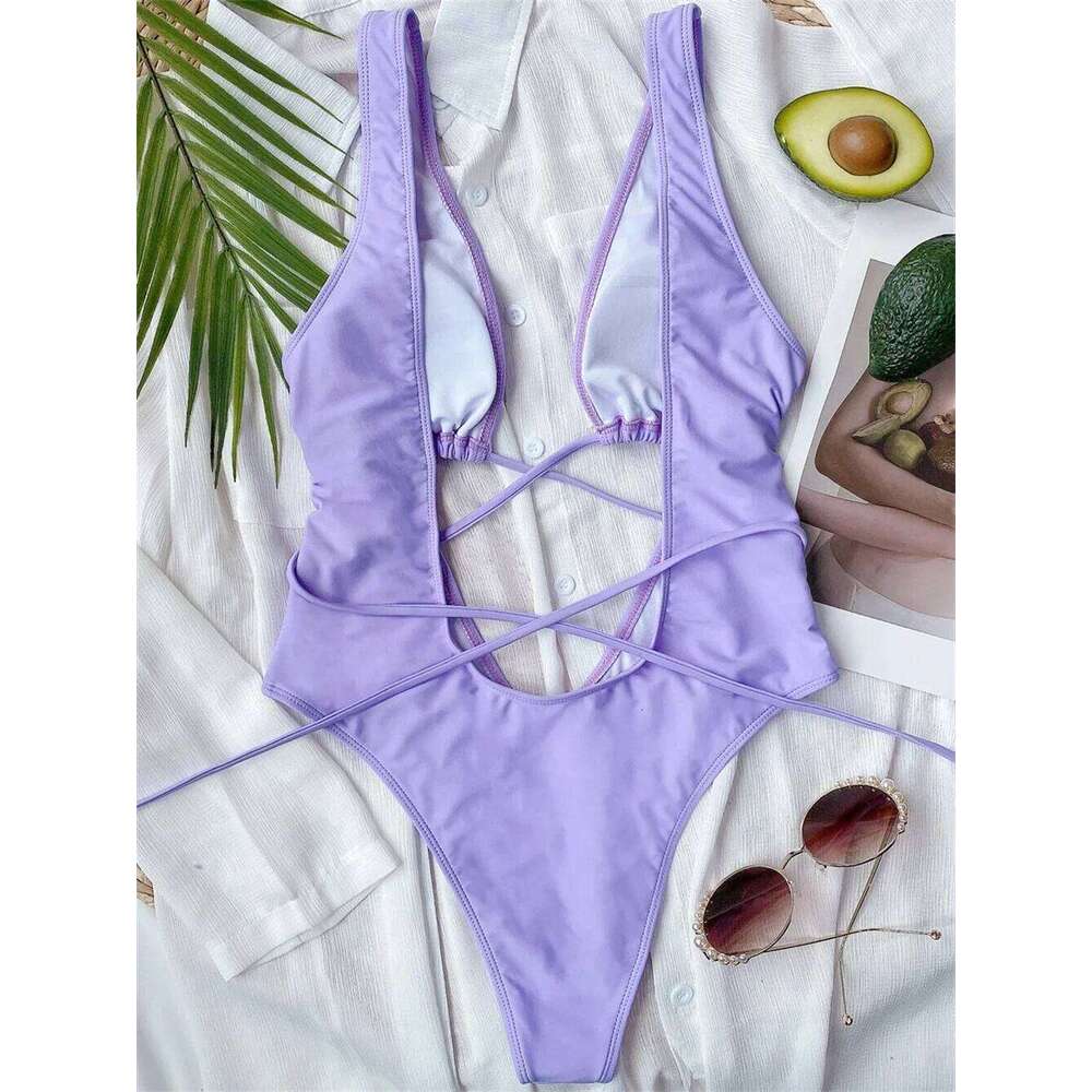 Sexy Red Swimsuit Micro String Bikini Hollow Out Backless Monokini Women One-Piece Vacation Swimwears Bikinis Beach Bathing Suit Y260303