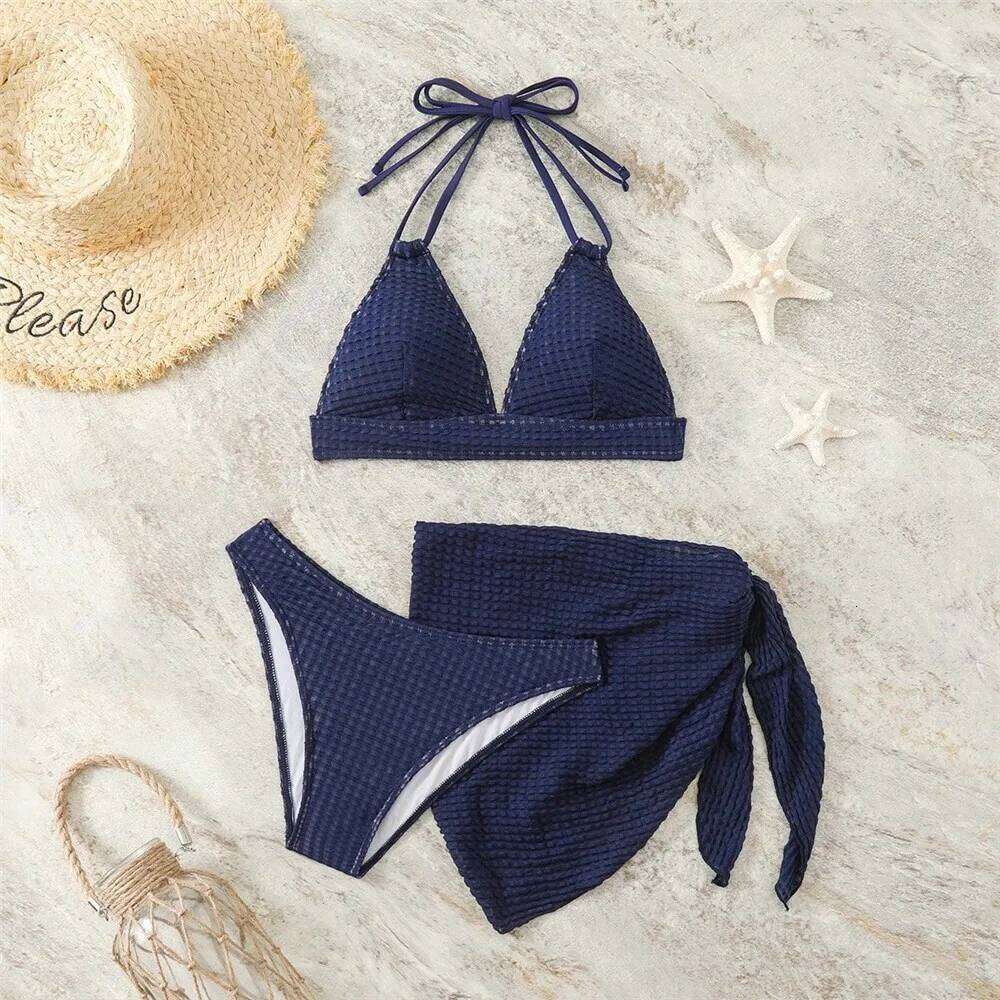 Dark Blue Push Up Bikinis Sets 3 Piece Sexy Swimsuits Cover Ups High Cut Bather Holiday Beach Swim Wear 2025 Brazilian Bikini Y260303