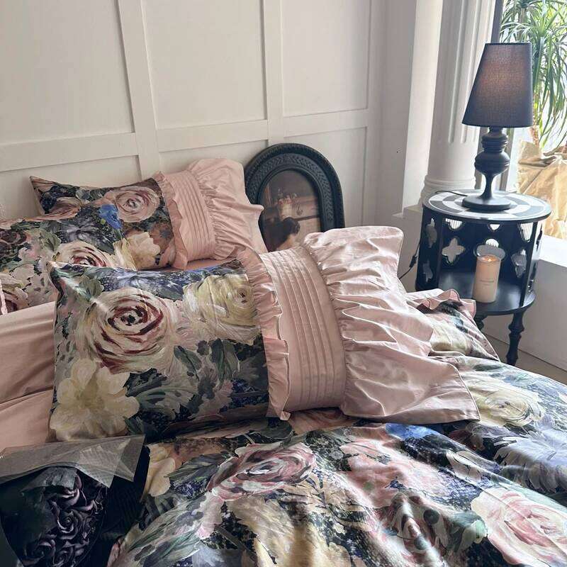 Vintage Rose Oil Painting Style Ruffles Egyptian Cotton Bedding Set Duvet Cover Bed Sheet/Bed Skirt/Fitted Sheet Pillowcase 4Pcs H260312 - view 4