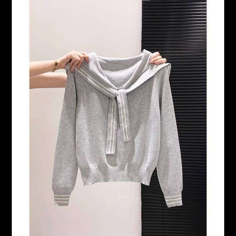 Navy Collar 2025 Autumn Women's New Spliced pullover Knitted Sweater Versatile Design Fashionable Long-sleeved Top Z260313