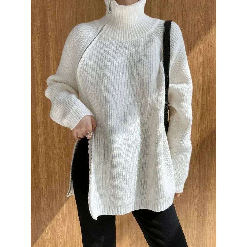Women's Turtleneck Zipper Oversize Fashion Sweaters 2025 Autumn Knitwears Loose Thick Warm High Neck Solid Pullovers Women Z260313
