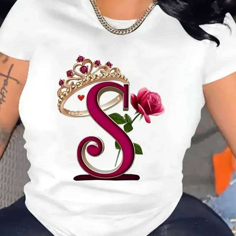 Cotton 100% Hot-selling Women's European and American Rose Printed Round-neck Short-sleeved Top Graphic T Shirts Z260314