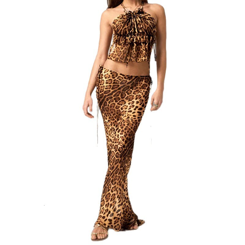 Cross-border European and American women's fashion 2025 new sexy lace-up leopard print camisole bodycon slim-fit skirt set